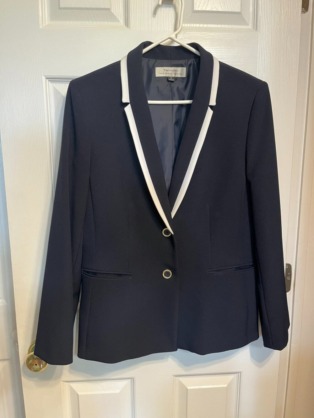 Tahari ASL Navy Pantsuit with White Trim Size 12 Career Office 2-Piece Set - Picture 2 of 8